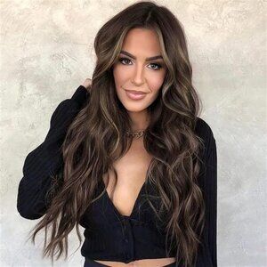 Long Brown Wavy Wig with Highlights Synthetic Middle Part Heat for Women